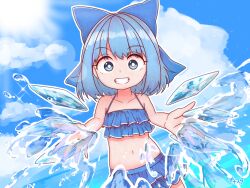 Rule 34 | 1girl, bright pupils, cirno, day, dutch angle, flat chest, frills, grin, highres, horizon, ice, ice wings, looking at viewer, navel, outdoors, outline, petite, smile, solo, splashing, sun, swimsuit, touhou, water, white outline, white pupils, wings, zanasta0810