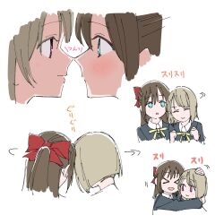 Rule 34 | &gt; &lt;, 2girls, black jacket, blush, bow, brown hair, closed eyes, closed mouth, collared shirt, commentary, face-to-face, grey hair, hair bow, half updo, hand on another&#039;s head, hands up, haruruhaharur, highres, hug, jacket, long hair, long sleeves, looking at another, love live!, love live! nijigasaki high school idol club, motion lines, multiple girls, multiple views, nakasu kasumi, neck ribbon, nijigasaki school uniform, open mouth, osaka shizuku, red bow, red eyes, ribbon, school uniform, shirt, short hair, symbol-only commentary, translated, upper body, white background, white shirt, winter uniform, yellow ribbon, yuri