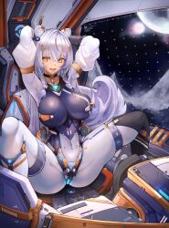 Rule 34 | 1girl, absurdres, animal ears, arms behind head, bakanuki mika, black choker, bodysuit, breasts, choker, cockpit, commission, covered erect nipples, covered navel, hair ornament, hairclip, highres, indie virtual youtuber, large breasts, long hair, long legs, long sleeves, looking at viewer, open mouth, puffy sleeves, sidelocks, skin tight, skindentation, spread legs, tail, thick thighs, thigh strap, thighs, very long hair, virtual youtuber, white hair, wide hips, yellow eyes, yusha m