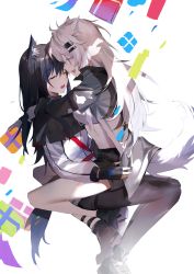 Rule 34 | 2girls, absurdres, animal ears, arknights, bandeau, black capelet, black gloves, black hair, black jacket, black shorts, box, breasts, capelet, chinese commentary, dated commentary, eyelashes, closed eyes, face-to-face, fingerless gloves, full body, gift, gift box, gloves, grey eyes, highres, hug, jacket, lappland (arknights), pantyhose under shorts, long hair, long sleeves, medium breasts, meng ziya, midriff, multiple girls, open clothes, open jacket, open mouth, pantyhose, scar, scar across eye, scar on face, short shorts, shorts, silver hair, simple background, smile, straight hair, strap, strapless, tail, texas (arknights), tube top, white background, white jacket, wolf ears, wolf tail, yuri