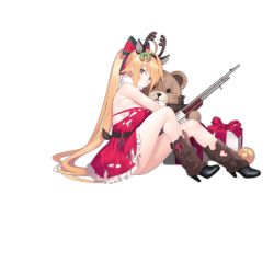 Rule 34 | 1girl, animal ears, antlers, automatic rifle, bare legs, bare shoulders, bell, black footwear, black gloves, blonde hair, blush, boots, breasts, browning automatic rifle, christmas, deer ears, detached collar, doughnut, doughnut hair ornament, dress, food, food-themed hair ornament, frills, from side, full body, fur trim, girls&#039; frontline, gloves, grey eyes, gun, hair ornament, high heel boots, high heels, horns, hugging object, jingle bell, large breasts, leg warmers, light machine gun, long hair, looking at viewer, m1918 (girls&#039; frontline), m1918 (war is over) (girls&#039; frontline), m1918 bar, machine gun, merry christmas, official alternate costume, official art, open mouth, red dress, short dress, sidelocks, sitting, solo, squad automatic weapon, stuffed animal, stuffed toy, suisai (suisao), teddy bear, torn clothes, torn dress, transparent background, very long hair, weapon