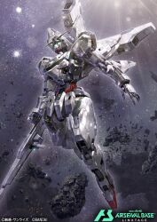 Rule 34 | asteroid, beam cannon, commentary, debris, energy cannon, from below, green eyes, gundam, gundam arsenal base, gundam calibarn, gundam suisei no majo, holding, holding cannon, holding weapon, light, light particles, mecha, mobile suit, morishita naochika, no humans, official art, robot, science fiction, solo, space, star (sky), v-fin, weapon