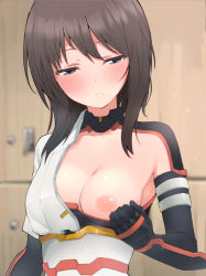 Rule 34 | 1girl, alice gear aegis, black hair, blurry, blurry background, blush, bodysuit, breasts, character request, closed mouth, commentary request, half-closed eyes, highres, locker, looking at viewer, medium breasts, medium hair, nipples, one breast out, solo, sweat, unpasu, upper body