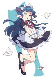 Rule 34 | 1girl, apron, blue hair, breasts, dress, earrings, high heels, horns, jewelry, long hair, looking at viewer, maid, maid apron, maid headdress, om (nk2007), open mouth, pointy ears, shakki, simple background, solo, white background