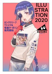 Rule 34 | 1girl, 2019, 2020, blue hair, blunt bangs, border, bow, braid, braided ponytail, cherico, covering one eye, dated, earrings, facing viewer, gloves, gradient background, grey bow, hair bow, hand in pocket, illustration.media, jewelry, long hair, looking at viewer, open mouth, original, pink background, pleated skirt, print shirt, red eyes, red gloves, shirt, signature, simple background, skirt, solo, stud earrings, translation request, very long hair, white border