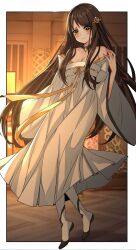 Rule 34 | 1girl, brown hair, closed mouth, dress, embarrassed, hair ornament, hand up, highres, long hair, looking at viewer, my female apprentices are all big shots from the future, official art, qianfan ji, shoes, solo, very long hair, white background, white dress, yellow eyes