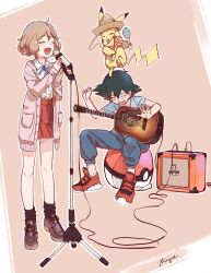 Rule 34 | 1boy, 1girl, :d, acoustic guitar, ahoge, amplifier, ash ketchum, blue ribbon, cable, cardigan, closed eyes, clothed pokemon, collared shirt, commentary request, creatures (company), game freak, gen 1 pokemon, guitar, highres, instrument, maracas, microphone, microphone stand, mn (lkl39372002), neck ribbon, nintendo, open cardigan, open clothes, open mouth, pants, pikachu, pleated skirt, poke ball print, pokemon, pokemon (anime), pokemon (creature), pokemon xy (anime), red footwear, red skirt, ribbon, serena (pokemon), shirt, shoes, short sleeves, sitting, skirt, smile, socks, standing, tongue, white shirt