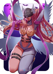 Rule 34 | 1girl, angel, angel wings, angewomon, arm behind head, asymmetrical clothes, bat (animal), belt, black belt, blonde hair, border, breasts, commentary, commentary typo, covered eyes, digimon, digimon (creature), english commentary, english text, facing viewer, fingernails, floating hair, hagoromo, hand in own hair, helmet, helmet over eyes, highres, inhoso, instagram logo, large breasts, long fingernails, long hair, multiple belts, multiple wings, o-ring, o-ring belt, open mouth, outside border, patreon logo, pink nails, ranguage, red lips, seiza, shawl, sitting, solo, teeth, thigh belt, thigh strap, tongue, tongue out, twitter logo, upper teeth only, very long hair, white border, white wings, winged helmet, wings