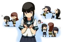 Rule 34 | 0 0, 10s, 3girls, :x, akitetsu, alternate hairstyle, arms up, arrow (symbol), bad id, bad twitter id, black hair, blunt bangs, braid, braiding hair, brown eyes, brown hair, chibi, closed eyes, collared shirt, comb, comic, flying sweatdrops, grabbing another&#039;s hair, hair over shoulder, hairdressing, hatsuyuki (kancolle), holding, holding hair, kantai collection, kitakami (kancolle), kneehighs, long hair, look-alike, looking at viewer, multiple girls, musical note, neckerchief, ooi (kancolle), open mouth, pleated skirt, sailor collar, school uniform, serafuku, shirt, short sleeves, silent comic, single braid, sitting, skirt, smile, socks, solid oval eyes, triangle mouth, v-shaped eyebrows