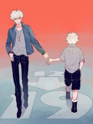Rule 34 | 2boys, aged up, ankle boots, arrow (symbol), black footwear, black pants, black shorts, blue background, blue jacket, boots, character age, child, collared shirt, dual persona, facing away, full body, gradient background, grey shirt, hand in pocket, hunter x hunter, jacket, jewelry, killua zoldyck, long sleeves, looking at another, looking away, lyingwang, male focus, multiple boys, outstretched arm, pants, pendant, red background, shirt, shoes, short hair, short sleeves, shorts, sideways glance, smile, solo, spiked hair, thumb in pocket, time paradox, walking, white hair