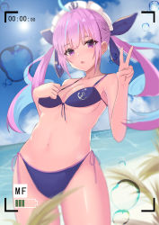 Rule 34 | 1girl, absurdres, ahoge, air bubble, anchor symbol, armpits, bad id, bad pixiv id, bare shoulders, beach, bikini, blue hair, blurry, blurry foreground, blush, bow, braid, breasts, bubble, cloud, collarbone, drill hair, hair bow, hands up, highres, hololive, long hair, looking at viewer, maid headdress, medium breasts, minato aqua, musicatopos, navel, outdoors, parted lips, purple bikini, purple bow, purple eyes, recording, sidelocks, sky, solo, standing, stomach, swimsuit, thighs, tsurime, twintails, v, virtual youtuber