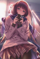 Rule 34 | 1girl, absurdres, blue eyes, blurry, blurry background, blush, box, brown hair, buttons, coat, day, fingernails, gift, gift box, hands up, hanikami kanojo, highres, holding, indoors, long hair, long sleeves, looking at viewer, pantyhose, parted lips, piromizu, pleated skirt, ribbon, scan, scarf, shizuki neru, simple background, skirt, solo, winter clothes, winter coat