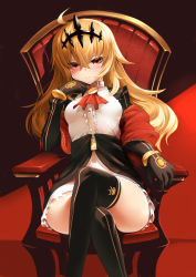 Rule 34 | 10s, 1girl, ahoge, ascot, black rock shooter, black thighhighs, blonde hair, blush, breasts, chair, chariot (black rock shooter), crossed legs, dress, hair between eyes, hand on own cheek, hand on own face, headgear, highres, long hair, looking at viewer, m-da s-tarou, red eyes, short dress, sitting, solo, sparkle, thighhighs, thighs