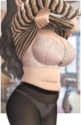 Rule 34 | 1girl, blurry, blurry background, bra, breasts, cleavage, clothes lift, crossed arms, drill hair, fat rolls, highres, large breasts, lifted by self, long hair, mole, mole on body, muffin top, navel, no pants, original, outside border, panties, pantyhose, patterned clothing, ryokucha michi, see-through, shirt, shirt lift, solo, standing, striped clothes, striped shirt, underwear, wavy hair