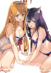 Rule 34 | 2girls, :d, ahoge, animal ear fluff, animal ears, aqua eyes, bare arms, bare shoulders, bikini, blonde hair, blue bikini, blue eyes, blue ribbon, bow, braid, breasts, cat ears, cat girl, cleavage, collarbone, frilled bikini, frills, hair bow, hairband, highres, holding hands, karyl (princess connect!), karyl (summer) (princess connect!), kneeling, large breasts, long hair, low twintails, medium breasts, multicolored hair, multiple girls, navel, open mouth, pecorine (princess connect!), pecorine (summer) (princess connect!), princess connect!, purple hair, red bow, ribbon, shallow water, side braid, simple background, smile, streaked hair, swimsuit, togo (korlsj1235), twintails, two-tone hair, v-shaped eyebrows, very long hair, water, white background, white bikini, white hair, white hairband