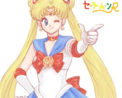 Rule 34 | 1990s (style), 1girl, 7 (u5apy0n), bad id, bad pixiv id, bishoujo senshi sailor moon, blonde hair, blue sailor collar, bow, double bun, drawr, magical girl, oekaki, one eye closed, outstretched arm, red bow, retro artstyle, sailor collar, sailor moon, sailor senshi, solo, tsukino usagi, white background, wink