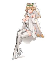 Rule 34 | 1girl, absurdres, bad id, bad pixiv id, bare shoulders, belt, breasts, bridal veil, cleavage, crossed legs, detached collar, detached sleeves, fate/extra, fate/extra ccc, fate (series), flower, full-length zipper, full body, gloves, hair intakes, hand on own knee, head wreath, high heels, highres, large breasts, leotard, lock, loose belt, mimyo, nero claudius (bride) (fate), nero claudius (bride) (third ascension) (fate), nero claudius (fate), nero claudius (fate) (all), padlock, shoes, showgirl skirt, sitting, smile, solo, strapless, strapless leotard, veil, white flower, white footwear, white gloves, white legwear, white leotard, white sleeves, wide sleeves, zipper, zipper pull tab