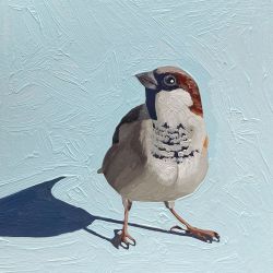 Rule 34 | alt text, animal, animal focus, bird, blue background, commentary, english commentary, eurasian tree sparrow, highres, leah gardner, looking to the side, no humans, original, painting (medium), shadow, simple background, sparrow, standing, traditional media