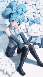 Rule 34 | 1girl, absurdres, aqua bow, aqua eyes, aqua hair, aqua necktie, black footwear, black skirt, black sleeves, blush stickers, boots, borrowed hairstyle, bow, cinnamiku, cinnamoroll, collared shirt, commentary, crying, crying with eyes open, detached sleeves, ear bow, folded twintails, grey shirt, hands on own knees, hatsune miku, highres, kir (khw66136132), knees together feet apart, matching outfits, necktie, parted lips, pleated skirt, sanrio, shirt, sidelocks, sitting, skirt, sleeveless, sleeveless shirt, solo, stuffed animal, stuffed toy, tears, thigh boots, tied ears, updo, vocaloid