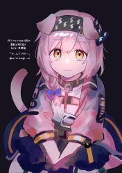 Rule 34 | 1girl, animal ears, arknights, bow, braid, cat ears, cat girl, cat tail, closed mouth, coat, collar, floppy ears, goldenglow (arknights), hairband, highres, id card, jacket, kneeling, lightning bolt print, looking at viewer, multicolored clothes, multicolored coat, multicolored jacket, nitamago ni, pink coat, pink hair, pink jacket, pleated skirt, print hairband, scottish fold, side braid, skirt, solo, tail, two-tone coat, two-tone jacket, yellow eyes