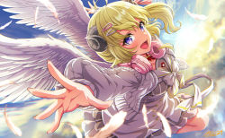 Rule 34 | 1girl, ahoge, angel wings, animal ears, aran sweater, blonde hair, blush, bow, bowtie, breasts, buru-dai, cable knit, choker, dress, feathered wings, feathers, flying, from side, hair ornament, hairclip, headphones, headphones around neck, highres, hololive, horns, large breasts, looking at viewer, miniskirt, open mouth, outstretched arms, outstretched hand, overskirt, pinstripe dress, pinstripe pattern, purple eyes, red choker, ribbon choker, sailor collar, sailor dress, sheep ears, sheep girl, sheep horns, short dress, short hair, short sleeves, side ponytail, sideways glance, skirt, sky, solo, striped, sweater, tsunomaki watame, tsunomaki watame (street casual), virtual youtuber, white skirt, white sweater, white wings, wings
