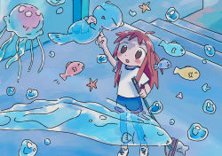 Rule 34 | 1girl, 1nupool, :o, blush stickers, eel, fish, floating, gym uniform, highres, jellyfish, long hair, original, otter, red hair, starfish, water