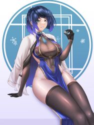 Rule 34 | 1girl, absurdres, black gloves, blue hair, breasts, china dress, chinese clothes, dice, dress, elbow gloves, epko, genshin impact, gloves, green eyes, highres, large breasts, navel, sitting, skin tight, smile, solo, thick thighs, thighhighs, thighs, yelan (genshin impact)