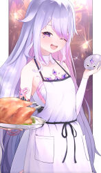 Rule 34 | 1girl, absurdres, apron, atakisin i, blush, chest jewel, chicken (food), colored inner hair, detached collar, dress, food, hair flaps, highres, hololive, hololive english, koseki bijou, koseki bijou (1st costume), long hair, looking at viewer, multicolored hair, one eye closed, open mouth, pebble (koseki bijou), purple eyes, purple hair, smile, very long hair, virtual youtuber, wink