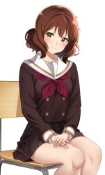 Rule 34 | 1girl, absurdres, blush, brown eyes, brown hair, brown serafuku, brown shirt, brown skirt, chair, closed mouth, feet out of frame, head tilt, hibike! euphonium, highres, kitauji high school uniform, long sleeves, looking at viewer, neckerchief, on chair, oumae kumiko, own hands together, pleated skirt, red neckerchief, sailor collar, school chair, school uniform, serafuku, shirt, short hair, simple background, sitting, skirt, smile, solo, split mouth, white background, white sailor collar, winter uniform, zero0ex