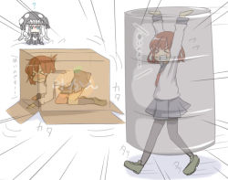 Rule 34 | &gt; &lt;, 10s, 3girls, ?, all fours, aqua eyes, arms up, blush, box, brown hair, cardboard box, carrying, clenched teeth, closed eyes, drum (container), female focus, flat chest, flying sweatdrops, folded ponytail, food, fruit, full body, hat, hunched over, ikazuchi (kancolle), inazuma (kancolle), japanese text, jitome, kantai collection, loafers, long hair, looking at another, messy hair, metal gear (series), motion lines, multiple girls, neckerchief, orange (fruit), pantyhose, parody, school uniform, serafuku, shadow, shinkai shoujo (vocaloid), shoes, short hair, silver hair, simple background, skirt, sound effects, standing, stealth, tearing up, teeth, tori (minamopa), translation request, vocaloid, white background, wo-class aircraft carrier