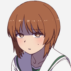 Rule 34 | 1girl, brown eyes, brown hair, girls und panzer, looking at viewer, nishizumi miho, onsen tamago (hs egg), parted lips, portrait, school uniform, serafuku, shaded face, short hair, simple background, solo, sweatdrop, white background