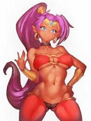 Rule 34 | 1girl, bare shoulders, blue eyes, blush, breasts, choker, circlet, covered erect nipples, dark-skinned female, dark skin, earrings, fumio (rsqkr), hand on own hip, hand up, high ponytail, jewelry, long hair, looking at viewer, medium breasts, navel, o-ring, o-ring top, parted bangs, pointy ears, ponytail, purple hair, revealing clothes, shantae, shantae (series), simple background, smile, solo, thighs, vambraces, very long hair, white background