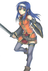 Rule 34 | 1girl, belt, blue hair, breasts, detached sleeves, fingerless gloves, fire emblem, fire emblem: radiant dawn, gloves, green eyes, headband, long hair, mia (fire emblem), nintendo, purutoppu (toranohige), simple background, small breasts, smile, solo, sword, thighhighs, weapon, zettai ryouiki