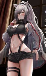 Rule 34 | 1girl, absurdres, animal ears, arknights, black shorts, blush, breasts, cat ears, cleavage, clothes pull, commentary, cowboy shot, crop top, grey hair, hair between eyes, highres, jacket, large breasts, long hair, long sleeves, looking at viewer, midriff, navel, open clothes, open jacket, pulling own clothes, schwarz (arknights), short shorts, shorts, solo, standing, stomach, takagi (takag1 k2), thigh strap, thighs, very long hair, white jacket, window, yellow eyes
