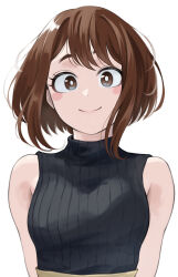 1girl absurdres black_sweater boku_no_hero_academia brown_eyes brown_hair closed_mouth fengling_(furin-jp) highres looking_at_viewer medium_hair simple_background sleeveless sleeveless_turtleneck smile solo sweater turtleneck turtleneck_sweater uraraka_ochako white_background