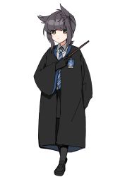 Rule 34 | 1girl, alternate costume, black footwear, black gloves, black hair, black pantyhose, black robe, blue necktie, blush, brown eyes, brown hair, closed mouth, collared shirt, diagonal-striped clothes, diagonal-striped necktie, full body, gloves, hair flaps, hair horns, harry potter (series), hatsuzuki (kancolle), highres, holding, holding wand, kantai collection, long sleeves, necktie, pantyhose, robe, sayuwan, shirt, shoes, short hair, simple background, solo, striped clothes, wand, white background, white shirt, wide sleeves, wizarding world