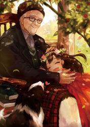 Rule 34 | beard, book, chair, cherry blossoms, child, dog, dress, closed eyes, facial hair, flower, glasses, hair flower, hair ornament, highres, laughing, old, old man, original, pisuke, red dress, smile