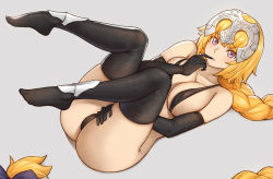 Rule 34 | 1girl, absurdly long hair, alternate eye color, bare shoulders, black bra, black gloves, black panties, black thighhighs, blonde hair, blush, bra, braid, braided ponytail, breasts, collarbone, commentary request, fate/apocrypha, fate (series), feet, finger to mouth, gloves, grey background, headpiece, highres, jeanne d&#039;arc (fate), jeanne d&#039;arc (ruler) (fate), knees up, large breasts, long braid, long hair, looking at viewer, lying, no shoes, on back, panties, parted lips, pink eyes, revision, simple background, single braid, solo, thighhighs, tsuki suigetsu, underwear, very long hair