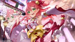 Rule 34 | 1girl, ahoge, armpits, bell, blouse, blush, bow, breasts, detached sleeves, floral print, glowstick, green eyes, hair bell, hair between eyes, hair ornament, hair ribbon, holding, holding microphone, hololive, jingle bell, kito koruta, long hair, long sleeves, looking at viewer, medium breasts, microphone, nail polish, official art, one side up, outstretched arm, paw print, pink nails, red hair, red ribbon, red skirt, ribbon, sakura miko, sakura miko (1st costume), screen, shirt, sideboob, skirt, sleeveless, sleeveless shirt, solo, space, stairs, virtual youtuber, white shirt, x hair ornament, yellow bow