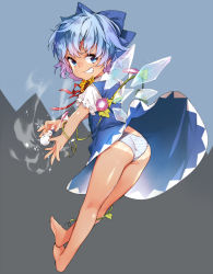 Rule 34 | 1girl, ass, bare legs, barefoot, blue eyes, blue hair, bow, cirno, dress, flower, from behind, full body, grin, hair bow, hidden star in four seasons, highres, looking back, one-piece tan, panties, ribbon, sankyaku tako, short hair, sideways mouth, simple background, smile, snowman, solo, striped clothes, striped panties, sunflower, tan, tanline, tanned cirno, touhou, underwear, wings