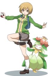Rule 34 | 1girl, backpack, bag, bike shorts, blue bag, brown eyes, brown footwear, brown hair, closed eyes, colored skin, commentary request, creatures (company), crown, flower, full body, game freak, gen 5 pokemon, green hair, green jacket, grey skirt, highres, holding, holding poke ball, jacket, kurosususu, leg warmers, lilligant, nintendo, open mouth, outstretched arms, parody, persona, persona 4, poke ball, poke ball (basic), pokemon, pokemon (creature), satonaka chie, shoes, short hair, shorts, shorts under skirt, simple background, skirt, standing, standing on one leg, style parody, v-shaped eyebrows, white background, white skin, zipper, zipper pull tab