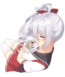 Rule 34 | 1girl, ahoge, azur lane, black sailor collar, blouse, blush, breasts, closed mouth, collarbone, from above, hair between eyes, hair ribbon, heart, heart ahoge, highres, indianapolis (azur lane), large breasts, long hair, hugging object, olive (laai), pleated skirt, portland (azur lane), portland (at school with indy!) (azur lane), red skirt, ribbon, sailor collar, school uniform, serafuku, shirt, short sleeves, side ponytail, silver hair, simple background, sitting, skirt, smile, solo, thighhighs, very long hair, white background, white shirt, white thighhighs