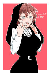 Rule 34 | 1girl, absurdres, akaboshi koume, artist name, black dress, blue eyes, bright pupils, commentary, cosplay, dated, dress, dress shirt, girls und panzer, half-closed eyes, hands on own face, highres, long sleeves, looking to the side, nun, one-hour drawing challenge, open mouth, outline, outside border, pinafore dress, red background, shinkuukan (tetsuo3), shirt, short hair, signature, sister act, sister mary robert, sister mary robert (cosplay), sleeveless dress, smile, solo, standing, wavy hair, white outline, white pupils, white shirt, wing collar