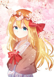 Rule 34 | 1girl, absurdres, ametama (runarunaruta5656), blonde hair, blue eyes, blush, bow, bowtie, branch, brown capelet, capelet, closed mouth, dress, fairy, fairy wings, flower, hair bow, happy, highres, lily white, long hair, long sleeves, no headwear, outdoors, pink flower, red bow, red bowtie, smile, solo, touhou, white dress, wings