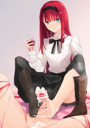 Rule 34 | 1boy, 1girl, absurdres, alcohol, aqua eyes, bar censor, barefoot, blush, boots, censored, clothed female nude male, commission, cum, cum on body, cum on feet, cup, drinking glass, feet, footjob, grey background, hairband, highres, knees apart feet together, kou futoshi, long hair, looking at viewer, nude, penis, pixiv commission, red hair, see-through, see-through legwear, shoes, single sock, smile, socks, soles, steam, thighhighs, toes, tohno akiha, tsukihime, unworn boots, unworn shoes, wine, wine glass