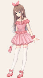 Rule 34 | 1girl, akipeko, bare shoulders, blue eyes, bow, brown background, brown hair, collarbone, commentary, commission, dress, footwear bow, full body, high heels, highres, holding, holding wand, long hair, looking at viewer, off-shoulder dress, off shoulder, original, parted lips, pink bow, pink dress, pink footwear, scrunchie, simple background, skeb commission, solo, thighhighs, wand, white thighhighs, wrist scrunchie