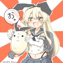 Rule 34 | . ., 10s, 1girl, anchor, anchor hair ornament, animalization, artist name, backpack, bad id, bad twitter id, bag, blonde hair, blush, dated, elbow gloves, gloves, grey eyes, hair ornament, hairband, kantai collection, long hair, lowres, midriff, navel, open mouth, rebecca (keinelove), ribbon, school uniform, seal (animal), serafuku, shimakaze (kancolle), shimakaze (kantai collection), shimakaze (seal), signature, smile, sunburst