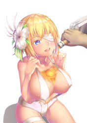 Rule 34 | 1girl, absurdres, alternate costume, bad id, bad pixiv id, blonde hair, blue eyes, blush, bottle, breasts, bust cup, center opening, cleavage, collarbone, colored eyelashes, eyepatch, flower, hair flower, hair ornament, highres, holding, holding bottle, large breasts, leotard, open mouth, pouring, prince of wales (warship girls r), ray (pixiv9514208), short hair, simple background, sitting, solo focus, thigh strap, warship girls r, white background, white flower, white leotard