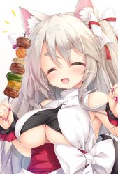 Rule 34 | 1girl, :d, ^ ^, animal ear fluff, animal ears, azur lane, bare shoulders, blush, bow, breasts, cat ears, cat girl, closed eyes, clothing cutout, dog ears, dog girl, facing viewer, fang, fingernails, food, hair between eyes, hair bow, hands up, highres, holding, holding food, japanese clothes, large breasts, long fingernails, long hair, meat, mikagami mamizu, nail polish, obi, open mouth, purple nails, sash, scrunchie, silver hair, simple background, skewer, smile, solo, thick eyebrows, two side up, underboob, underboob cutout, upper body, very long hair, white background, white bow, wrist scrunchie, yuudachi (azur lane), yuudachi (carnivore carnival!) (azur lane)