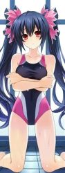 Rule 34 | 1girl, black hair, black one-piece swimsuit, breast hold, breasts, chou megami shinkou noire gekishin black heart, cleavage, competition swimsuit, crossed arms, hair between eyes, head tilt, highleg, highleg swimsuit, legs apart, looking at viewer, neptune (series), noire (neptunia), official art, one-piece swimsuit, parted bangs, pink one-piece swimsuit, poolside, red eyes, solo, swimsuit, tsunako, twintails, wavy hair